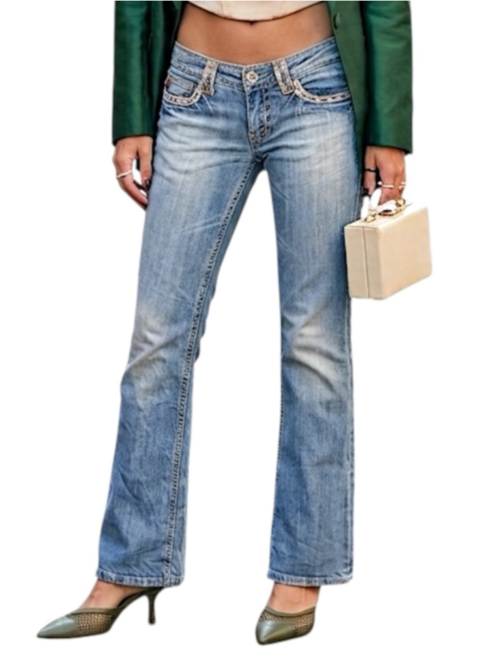 Y2K Miss Me light blue lace detail low rise flare leg jeans